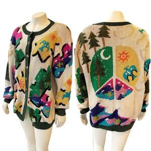 Berek Sweater Cardigan Peace Symbol Puzzle Trees Birds Waves World Peace